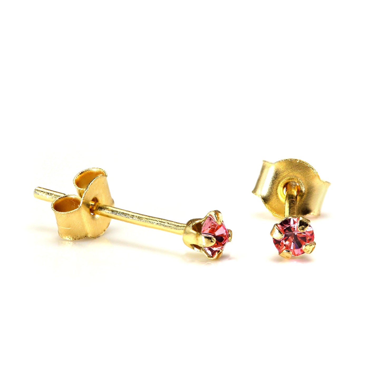 9ct Gold 2mm Round Crystal Stud Earrings - 7 Colours