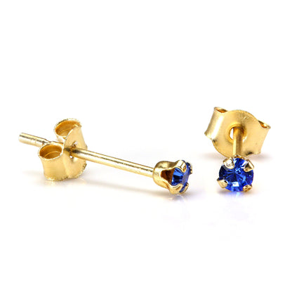 9ct Gold 2mm Round Crystal Stud Earrings - 7 Colours