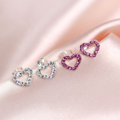 Sterling Silver & CZ Crystal Encrusted Open Heart Stud Earrings - 6 Colours