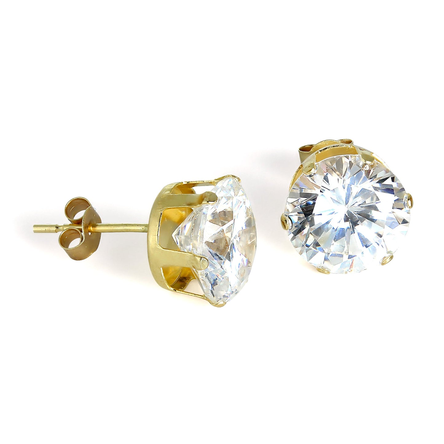 9ct Gold & 8mm Round Clear CZ Crystal Stud Earrings