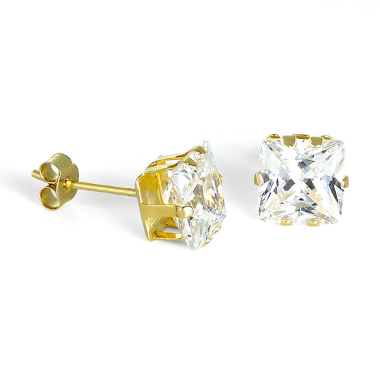 9ct Gold & 6mm Square Clear CZ Crystal Stud Earrings