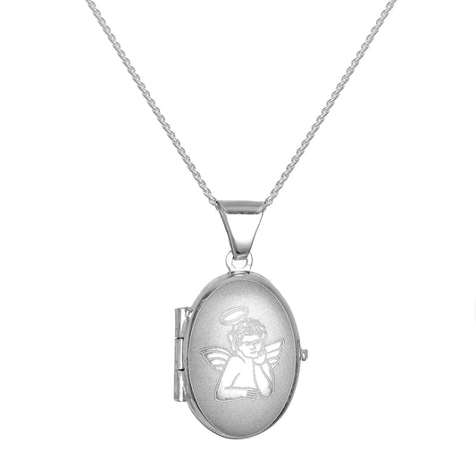 Small Matt Sterling Silver Oval Locket with Angel on Chain