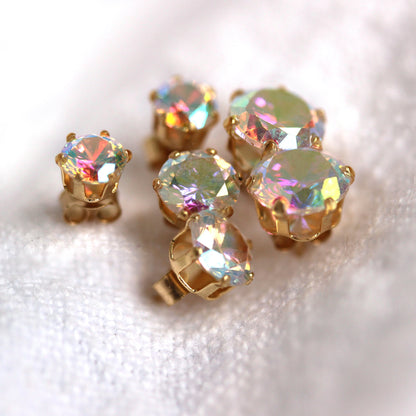 9ct Yellow Gold & Aurora Borealis CZ Crystal Stud Earrings 4mm - 6mm