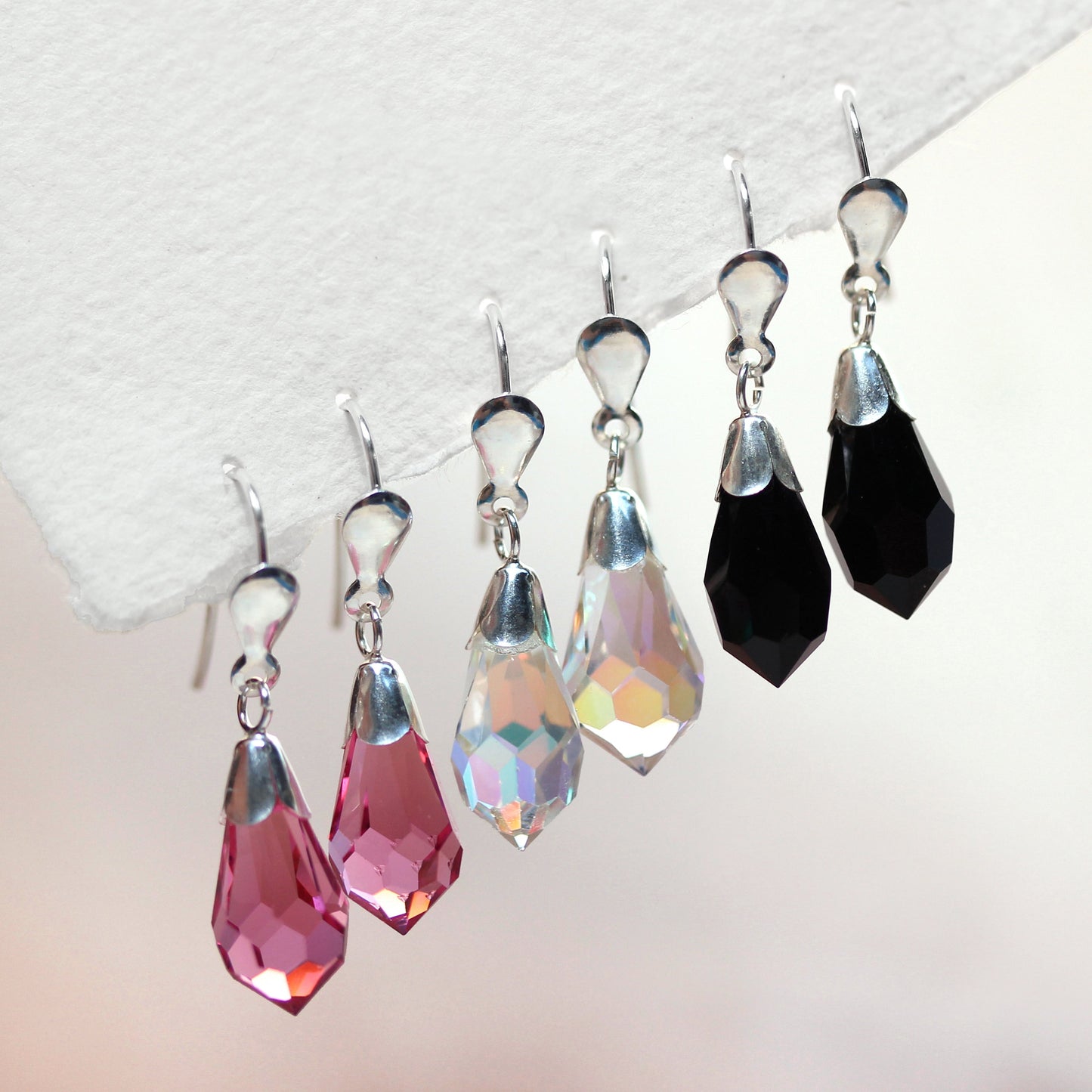 Sterling Silver & Crystal Drop Wire Earrings - 6 Colours