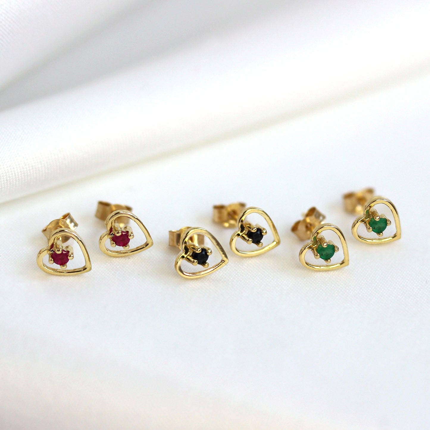 9ct Gold & 2mm Gemstone Open Heart Stud Earrings - Emerald Sapphire Ruby