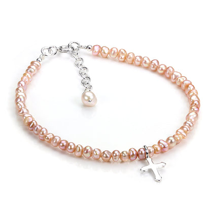 Sterling Silver and Pink Freshwater Pearl Adjustable Bracelet with Cross