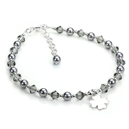 Sterling Silver and Grey Crystal Adjustable Bracelet with Shamrock Charm