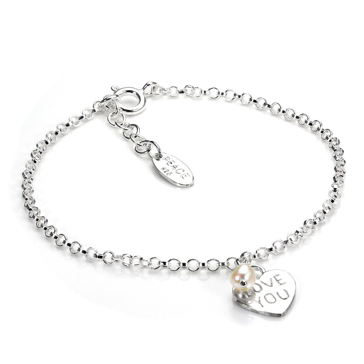 Sterling Silver Rolo Chain Bracelet with Love You Heart Charm