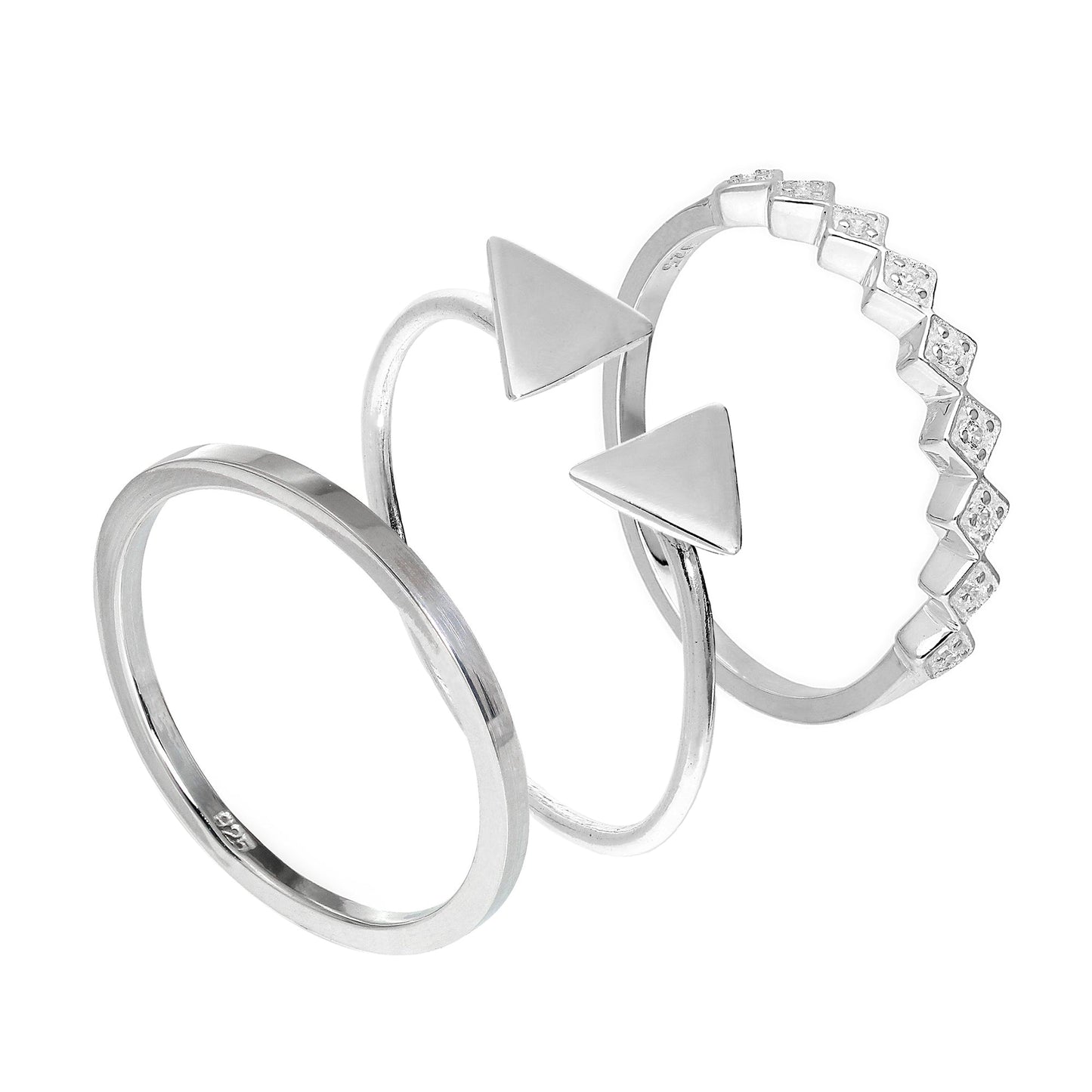 Sterling Silver Triangle CZ Square Geometric Stacking Rings Set