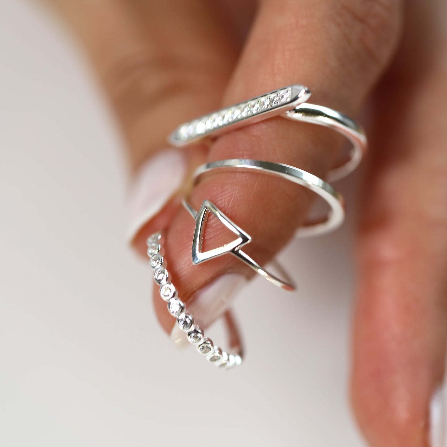 Sterling Silver Triangle & Bar Geometric CZ Stacking Rings Set