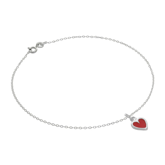 Fine Sterling Silver Belcher Anklet with Red Enamel Heart Charm - 10 Inches