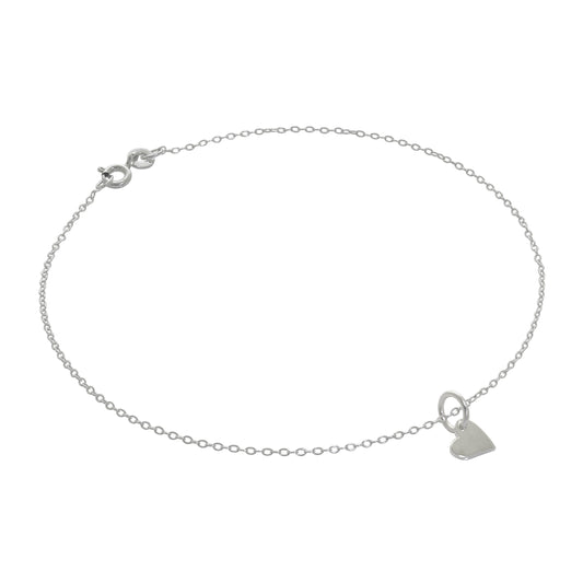 Fine Sterling Silver Belcher Anklet with Small Flat Heart Charm - 10 Inches