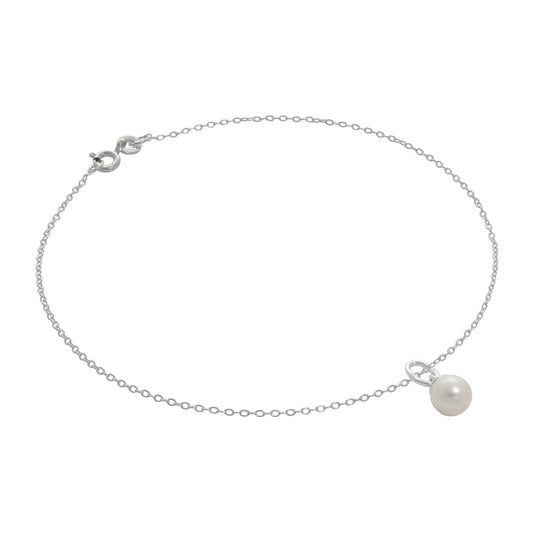 Fine Sterling Silver Belcher Anklet with Pearl Charm - 10 Inches