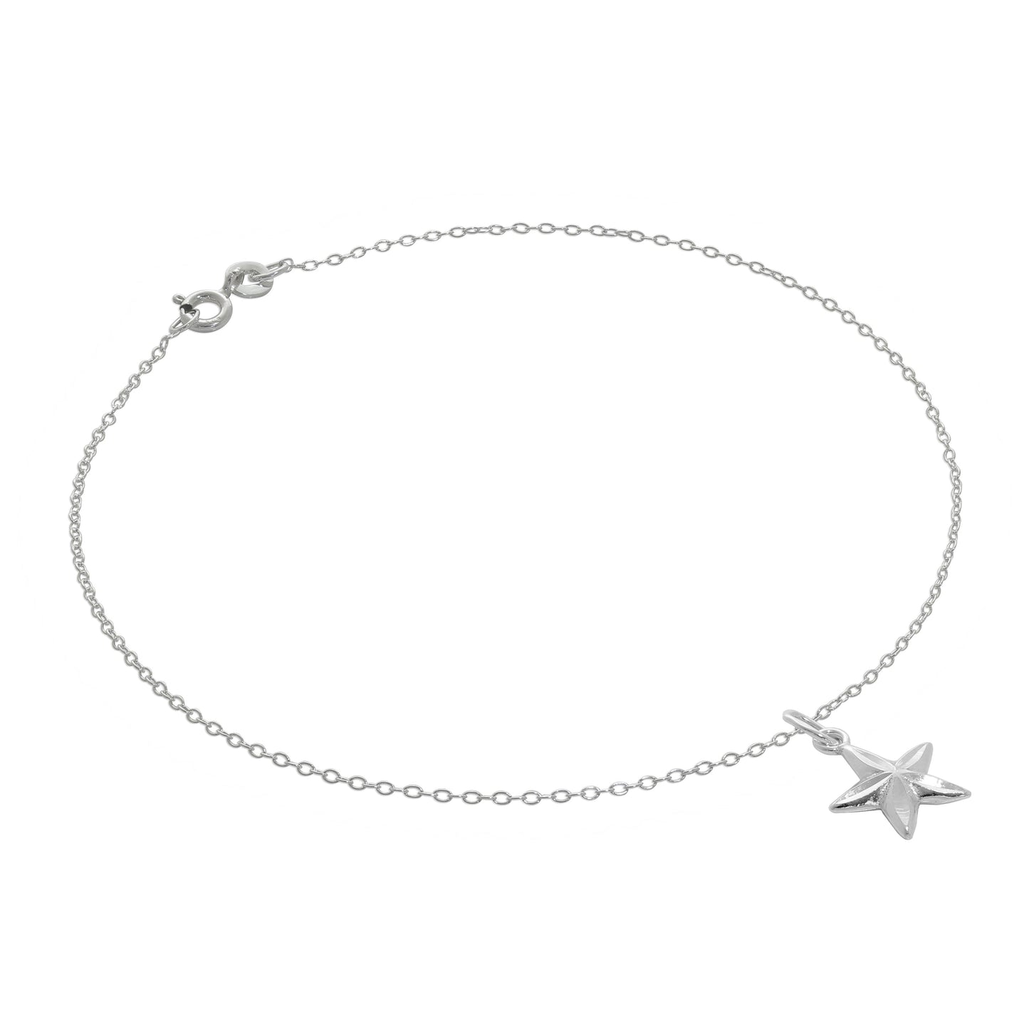 Fine Sterling Silver Belcher Anklet with Diamond Cut Star Charm - 10 Inches