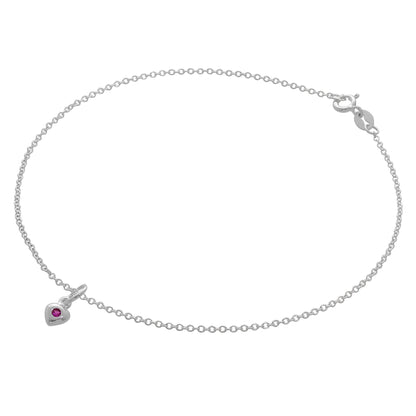 Fine Sterling Silver Belcher Anklet with CZ Crystal Birthstone Heart Charm - 10 Inches