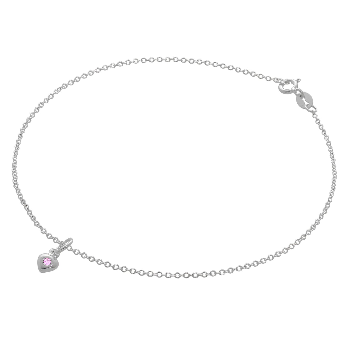 Fine Sterling Silver Belcher Anklet with CZ Crystal Birthstone Heart Charm - 10 Inches