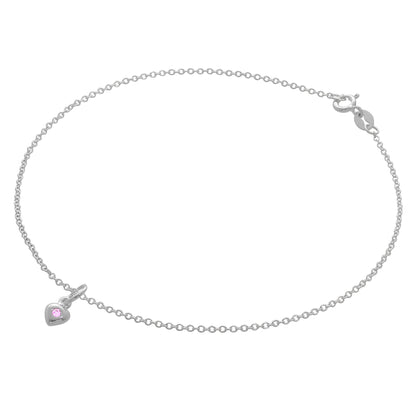 Fine Sterling Silver Belcher Anklet with CZ Crystal Birthstone Heart Charm - 10 Inches