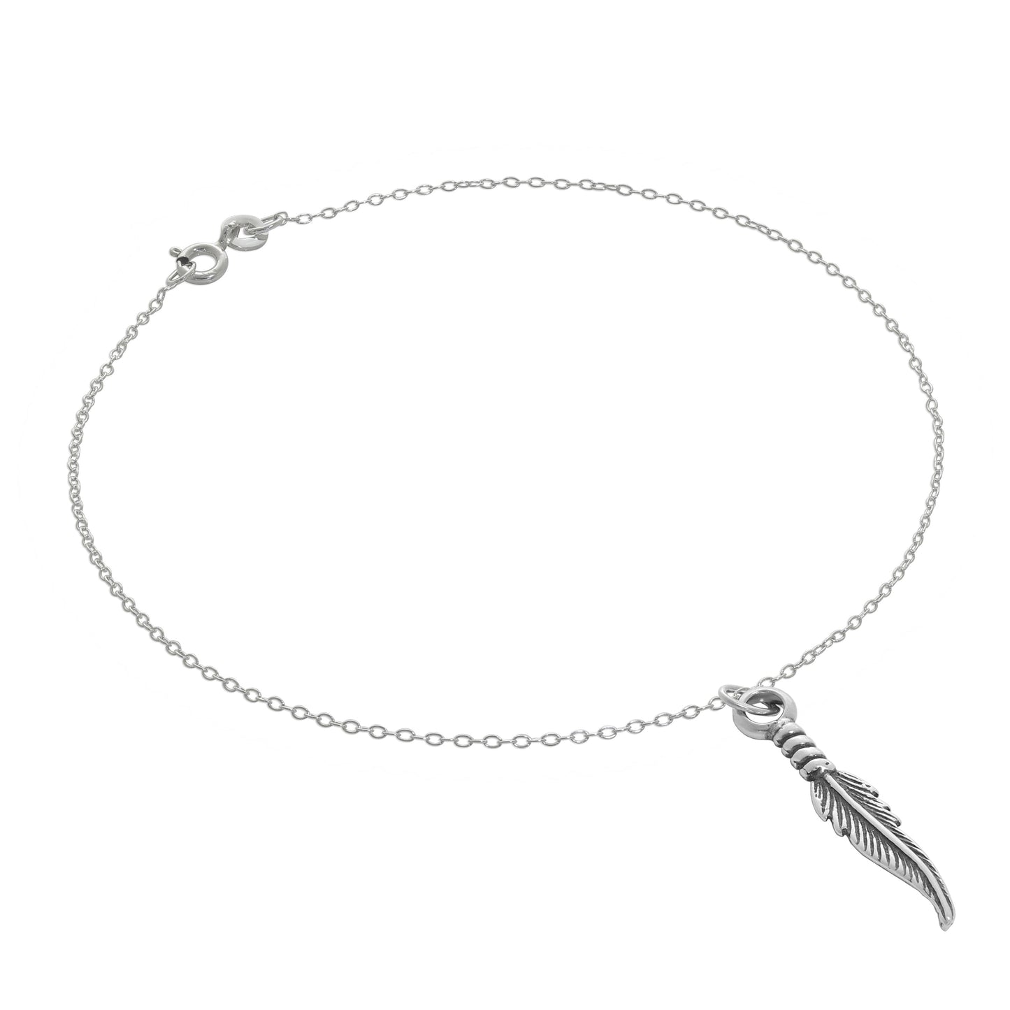 Fine Sterling Silver Belcher Anklet with Feather Charm - 10 Inches