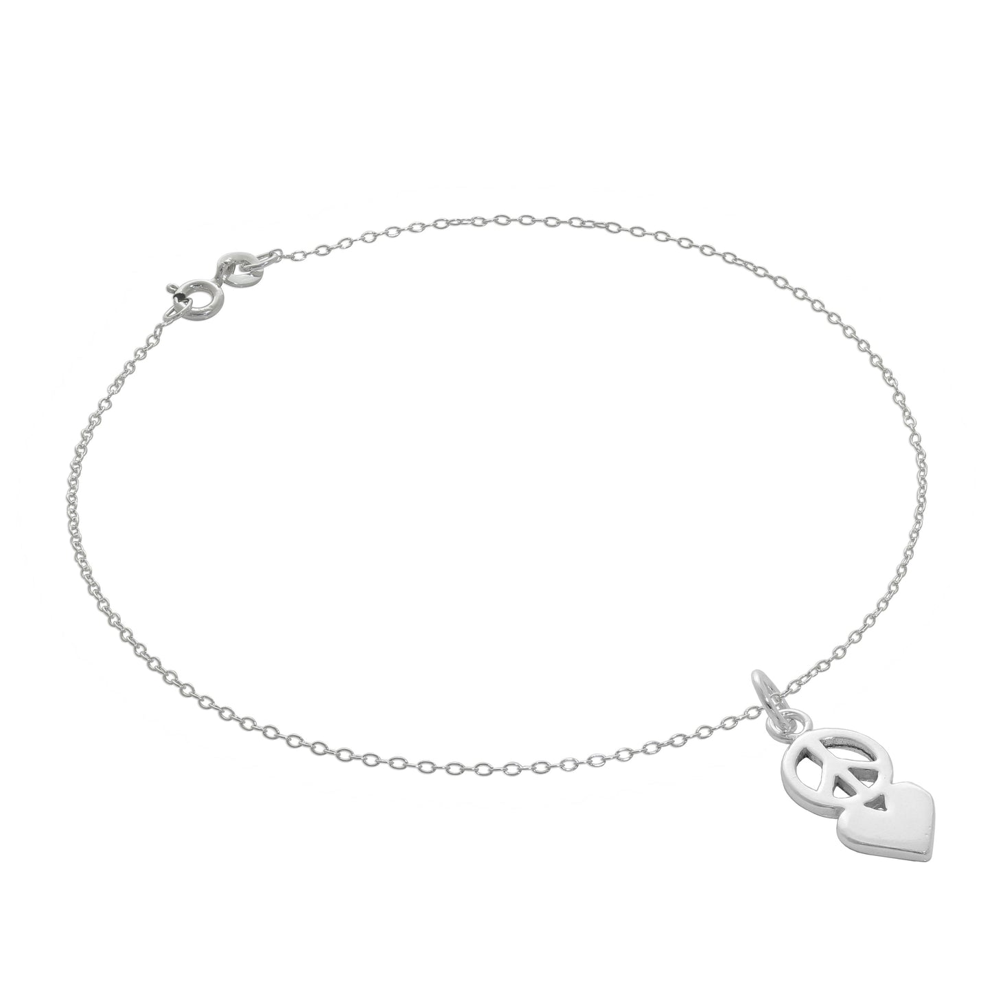 Fine Sterling Silver Belcher Anklet with Peace & Heart Charm - 10 Inches