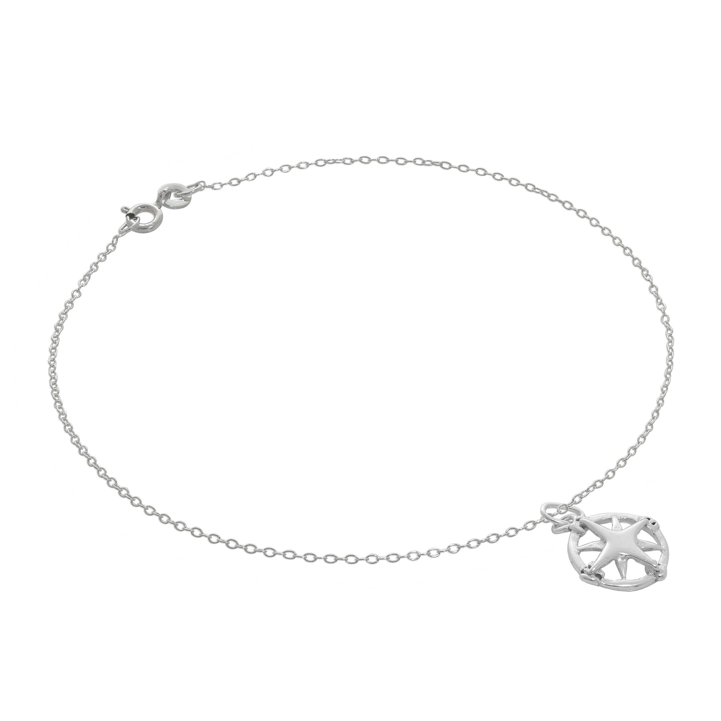 Fine Sterling Silver Belcher Anklet with Compass Charm - 10 Inches