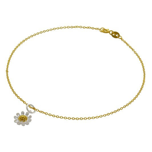 Fine Gold Plated Sterling Silver Trace Chain Anklet with Daisy Charm - 10 Inches