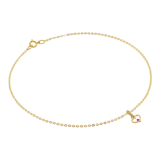 9 karat gullhamret sporanklet med rubin CZ Heart Outline Charm - 9,5 tommer