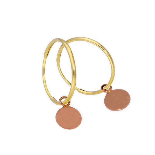 9ct Gold 10mm Charm Hoop Earrings with Tiny 9ct Rose Gold Circle Tags