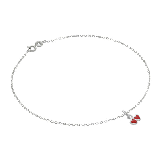 Fine Sterling Silver Belcher Anklet with Tiny Red Enamel Double Heart Charm