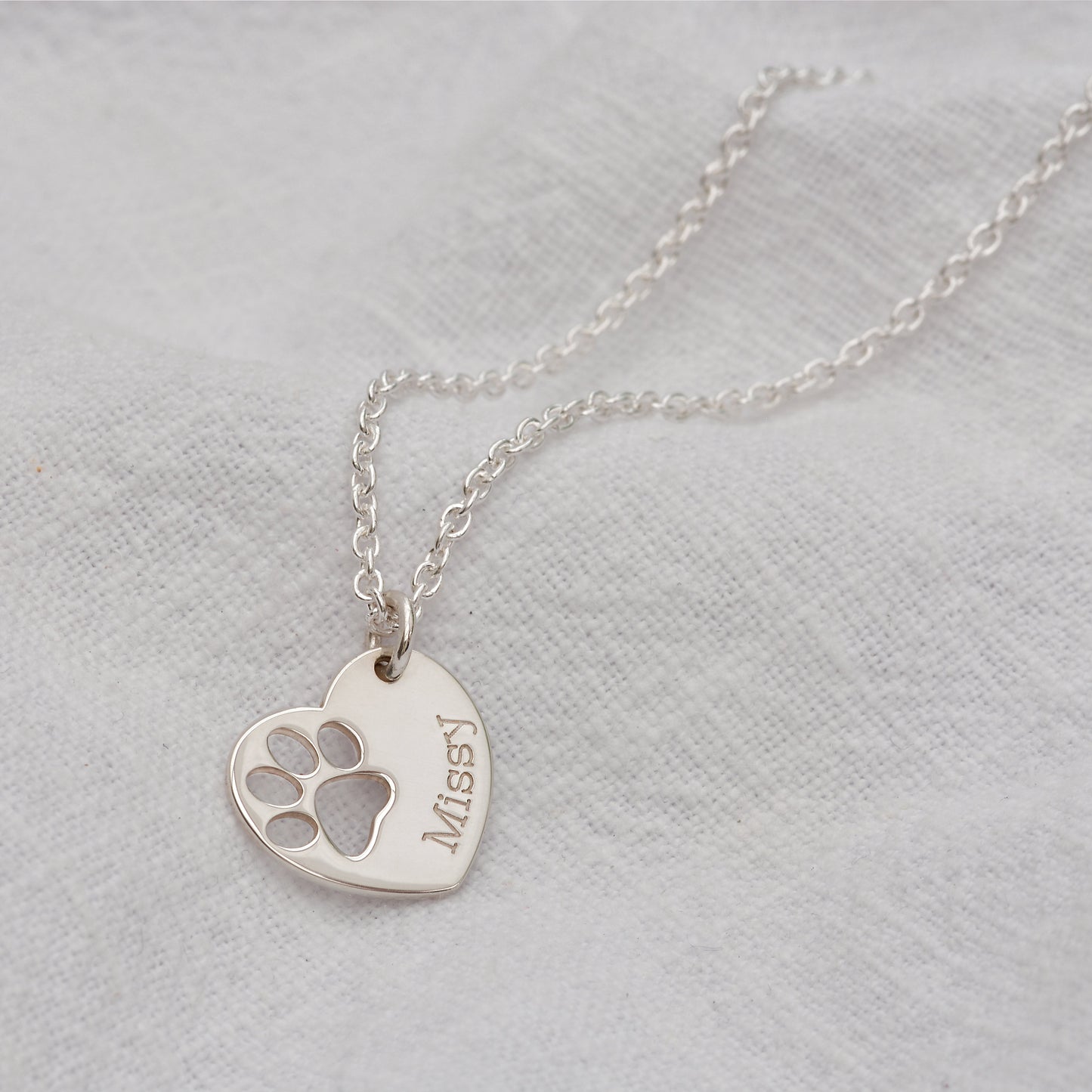Personalised Sterling Silver Paw Name Heart Necklace