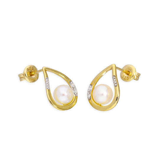 9ct Gold Open Teardrop & Freshwater Pearl Stud Earrings with Diamonds