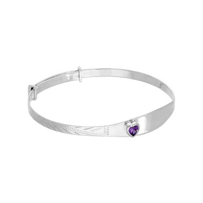 Sterling Silver & CZ Crystal Birthstone Heart Maiden Bangle